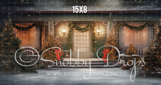 Snowy Christmas Porch Fabric Backdrop-Fabric Photography Backdrop-Snobby Drops Fabric Backdrops for Photography, Exclusive Designs by Tara Mapes Photography, Enchanted Eye Creations by Tara Mapes, photography backgrounds, photography backdrops, fast shipping, US backdrops, cheap photography backdrops