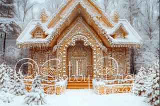 Snowy Gingerbread House Fabric Backdrop-Fabric Photography Backdrop-Snobby Drops Fabric Backdrops for Photography, Exclusive Designs by Tara Mapes Photography, Enchanted Eye Creations by Tara Mapes, photography backgrounds, photography backdrops, fast shipping, US backdrops, cheap photography backdrops