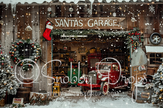 Snowy Old Fashioned Santa's Garage Fabric Backdrop-Fabric Photography Backdrop-Snobby Drops Fabric Backdrops for Photography, Exclusive Designs by Tara Mapes Photography, Enchanted Eye Creations by Tara Mapes, photography backgrounds, photography backdrops, fast shipping, US backdrops, cheap photography backdrops