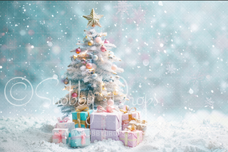 Snowy Pastel Christmas Tree Fabric Backdrop-Fabric Photography Backdrop-Snobby Drops Fabric Backdrops for Photography, Exclusive Designs by Tara Mapes Photography, Enchanted Eye Creations by Tara Mapes, photography backgrounds, photography backdrops, fast shipping, US backdrops, cheap photography backdrops