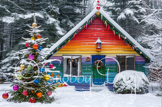 Snowy Rainbow Christmas Cabin Fabric Backdrop-Fabric Photography Backdrop-Snobby Drops Fabric Backdrops for Photography, Exclusive Designs by Tara Mapes Photography, Enchanted Eye Creations by Tara Mapes, photography backgrounds, photography backdrops, fast shipping, US backdrops, cheap photography backdrops