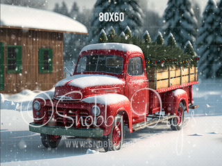 Snowy Red Vintage Christmas Truck Winter Fabric Backdrop-Fabric Photography Backdrop-Snobby Drops Fabric Backdrops for Photography, Exclusive Designs by Tara Mapes Photography, Enchanted Eye Creations by Tara Mapes, photography backgrounds, photography backdrops, fast shipping, US backdrops, cheap photography backdrops