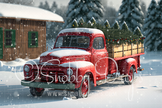 Snowy Red Vintage Christmas Truck Winter Fabric Backdrop-Fabric Photography Backdrop-Snobby Drops Fabric Backdrops for Photography, Exclusive Designs by Tara Mapes Photography, Enchanted Eye Creations by Tara Mapes, photography backgrounds, photography backdrops, fast shipping, US backdrops, cheap photography backdrops