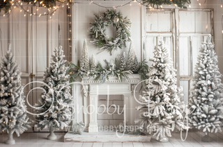 Soft White Christmas Fireplace with Trees Fabric Backdrop-Fabric Photography Backdrop-Snobby Drops Fabric Backdrops for Photography, Exclusive Designs by Tara Mapes Photography, Enchanted Eye Creations by Tara Mapes, photography backgrounds, photography backdrops, fast shipping, US backdrops, cheap photography backdrops