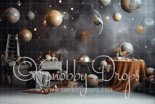 Space Astronaut Themed Cake Smash Fabric Tot Drop-Fabric Photography Tot Drop-Snobby Drops Fabric Backdrops for Photography, Exclusive Designs by Tara Mapes Photography, Enchanted Eye Creations by Tara Mapes, photography backgrounds, photography backdrops, fast shipping, US backdrops, cheap photography backdrops