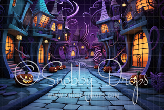 Spellbound Town Halloween Fabric Backdrop-Fabric Photography Backdrop-Snobby Drops Fabric Backdrops for Photography, Exclusive Designs by Tara Mapes Photography, Enchanted Eye Creations by Tara Mapes, photography backgrounds, photography backdrops, fast shipping, US backdrops, cheap photography backdrops