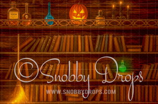 Spells and Potion Shelves Halloween Fabric Backdrop-Fabric Photography Backdrop-Snobby Drops Fabric Backdrops for Photography, Exclusive Designs by Tara Mapes Photography, Enchanted Eye Creations by Tara Mapes, photography backgrounds, photography backdrops, fast shipping, US backdrops, cheap photography backdrops