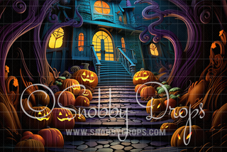 Spooky Boo Boo Witch House Halloween Fabric Backdrop-Fabric Photography Backdrop-Snobby Drops Fabric Backdrops for Photography, Exclusive Designs by Tara Mapes Photography, Enchanted Eye Creations by Tara Mapes, photography backgrounds, photography backdrops, fast shipping, US backdrops, cheap photography backdrops