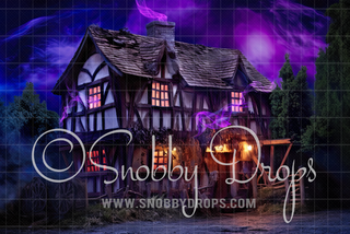 Spooky Sisters Witch House Halloween Fabric Backdrop-Fabric Photography Backdrop-Snobby Drops Fabric Backdrops for Photography, Exclusive Designs by Tara Mapes Photography, Enchanted Eye Creations by Tara Mapes, photography backgrounds, photography backdrops, fast shipping, US backdrops, cheap photography backdrops