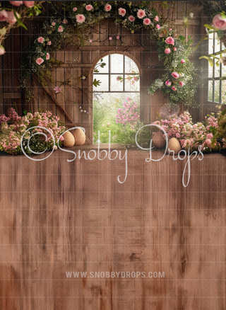 Spring Barn with Pink Roses Fabric Backdrop Sweep-Fabric Photography Sweep-Snobby Drops Fabric Backdrops for Photography, Exclusive Designs by Tara Mapes Photography, Enchanted Eye Creations by Tara Mapes, photography backgrounds, photography backdrops, fast shipping, US backdrops, cheap photography backdrops