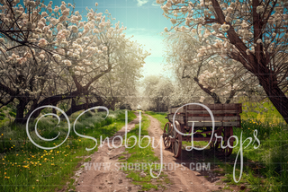 Spring Cherry Blossom Trees with Wagon Fabric Backdrop-Fabric Photography Backdrop-Snobby Drops Fabric Backdrops for Photography, Exclusive Designs by Tara Mapes Photography, Enchanted Eye Creations by Tara Mapes, photography backgrounds, photography backdrops, fast shipping, US backdrops, cheap photography backdrops
