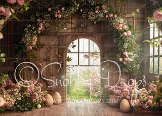 Spring Flower Barn Fabric Backdrop-Fabric Photography Backdrop-Snobby Drops Fabric Backdrops for Photography, Exclusive Designs by Tara Mapes Photography, Enchanted Eye Creations by Tara Mapes, photography backgrounds, photography backdrops, fast shipping, US backdrops, cheap photography backdrops