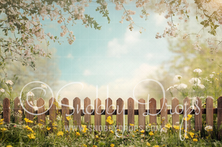 Spring Flowers on Fence Fabric Backdrop-Fabric Photography Backdrop-Snobby Drops Fabric Backdrops for Photography, Exclusive Designs by Tara Mapes Photography, Enchanted Eye Creations by Tara Mapes, photography backgrounds, photography backdrops, fast shipping, US backdrops, cheap photography backdrops