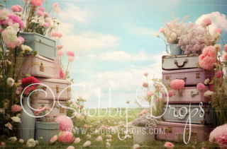 Spring Luggage in Field Pastel Fabric Backdrop-Fabric Photography Backdrop-Snobby Drops Fabric Backdrops for Photography, Exclusive Designs by Tara Mapes Photography, Enchanted Eye Creations by Tara Mapes, photography backgrounds, photography backdrops, fast shipping, US backdrops, cheap photography backdrops