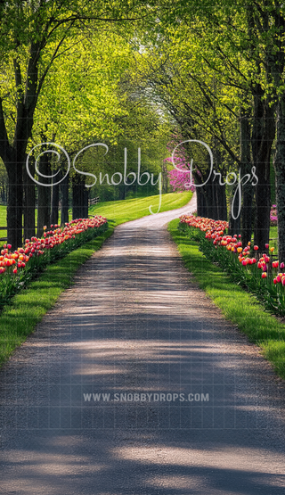 Spring Road with Tulips Fabric Backdrop Sweep FBT05-Fabric Photography Sweep-Snobby Drops Fabric Backdrops for Photography, Exclusive Designs by Tara Mapes Photography, Enchanted Eye Creations by Tara Mapes, photography backgrounds, photography backdrops, fast shipping, US backdrops, cheap photography backdrops