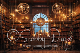 Steampunk Christmas Library Fabric Backdrop-Fabric Photography Backdrop-Snobby Drops Fabric Backdrops for Photography, Exclusive Designs by Tara Mapes Photography, Enchanted Eye Creations by Tara Mapes, photography backgrounds, photography backdrops, fast shipping, US backdrops, cheap photography backdrops