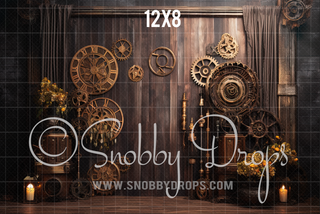 Steampunk Studio Fabric Backdrop-Fabric Photography Backdrop-Snobby Drops Fabric Backdrops for Photography, Exclusive Designs by Tara Mapes Photography, Enchanted Eye Creations by Tara Mapes, photography backgrounds, photography backdrops, fast shipping, US backdrops, cheap photography backdrops