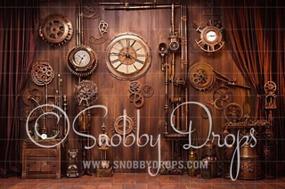 Steampunk Studio Fabric Backdrop-Fabric Photography Backdrop-Snobby Drops Fabric Backdrops for Photography, Exclusive Designs by Tara Mapes Photography, Enchanted Eye Creations by Tara Mapes, photography backgrounds, photography backdrops, fast shipping, US backdrops, cheap photography backdrops