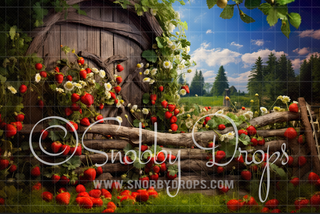 Strawberry Barn Fabric Backdrop-Fabric Photography Backdrop-Snobby Drops Fabric Backdrops for Photography, Exclusive Designs by Tara Mapes Photography, Enchanted Eye Creations by Tara Mapes, photography backgrounds, photography backdrops, fast shipping, US backdrops, cheap photography backdrops