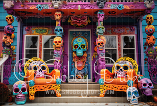 Sugar Skull Home Halloween Fabric Backdrop-Fabric Photography Backdrop-Snobby Drops Fabric Backdrops for Photography, Exclusive Designs by Tara Mapes Photography, Enchanted Eye Creations by Tara Mapes, photography backgrounds, photography backdrops, fast shipping, US backdrops, cheap photography backdrops