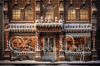 Sugar & Spice Gingerbread Shop Storefront Fabric Backdrop-Fabric Photography Backdrop-Snobby Drops Fabric Backdrops for Photography, Exclusive Designs by Tara Mapes Photography, Enchanted Eye Creations by Tara Mapes, photography backgrounds, photography backdrops, fast shipping, US backdrops, cheap photography backdrops