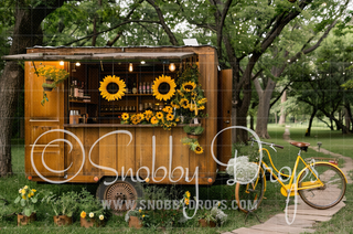 Sunflower Cart with Yellow Bike Fabric Backdrop-Fabric Photography Backdrop-Snobby Drops Fabric Backdrops for Photography, Exclusive Designs by Tara Mapes Photography, Enchanted Eye Creations by Tara Mapes, photography backgrounds, photography backdrops, fast shipping, US backdrops, cheap photography backdrops