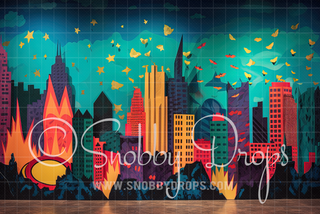 Super Hero City Fabric Tot Drop-Fabric Photography Tot Drop-Snobby Drops Fabric Backdrops for Photography, Exclusive Designs by Tara Mapes Photography, Enchanted Eye Creations by Tara Mapes, photography backgrounds, photography backdrops, fast shipping, US backdrops, cheap photography backdrops