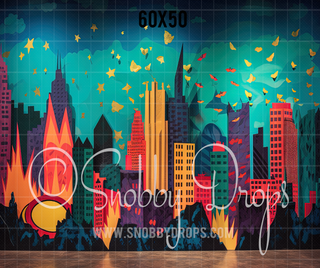 Super Hero City Fabric Tot Drop-Fabric Photography Tot Drop-Snobby Drops Fabric Backdrops for Photography, Exclusive Designs by Tara Mapes Photography, Enchanted Eye Creations by Tara Mapes, photography backgrounds, photography backdrops, fast shipping, US backdrops, cheap photography backdrops