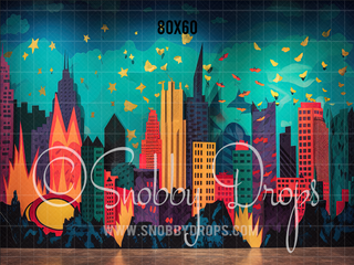 Super Hero City Fabric Tot Drop-Fabric Photography Tot Drop-Snobby Drops Fabric Backdrops for Photography, Exclusive Designs by Tara Mapes Photography, Enchanted Eye Creations by Tara Mapes, photography backgrounds, photography backdrops, fast shipping, US backdrops, cheap photography backdrops