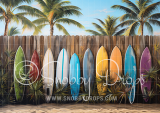 Surf Boards Fence Fabric Backdrop-Fabric Photography Backdrop-Snobby Drops Fabric Backdrops for Photography, Exclusive Designs by Tara Mapes Photography, Enchanted Eye Creations by Tara Mapes, photography backgrounds, photography backdrops, fast shipping, US backdrops, cheap photography backdrops