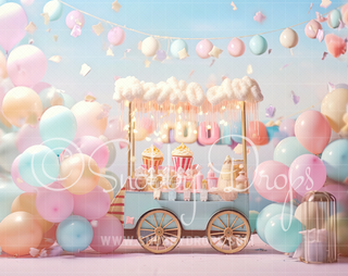 Sweet Cake Cart with Birthday Balloons Tot Drop-Fabric Photography Tot Drop-Snobby Drops Fabric Backdrops for Photography, Exclusive Designs by Tara Mapes Photography, Enchanted Eye Creations by Tara Mapes, photography backgrounds, photography backdrops, fast shipping, US backdrops, cheap photography backdrops