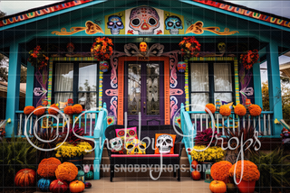 Sweet Skull Porch Halloween Fabric Backdrop-Fabric Photography Backdrop-Snobby Drops Fabric Backdrops for Photography, Exclusive Designs by Tara Mapes Photography, Enchanted Eye Creations by Tara Mapes, photography backgrounds, photography backdrops, fast shipping, US backdrops, cheap photography backdrops