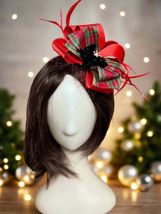 Tartan Plaid Bow Satin Christmas Fascinator-Accessories-Snobby Drops Fabric Backdrops for Photography, Exclusive Designs by Tara Mapes Photography, Enchanted Eye Creations by Tara Mapes, photography backgrounds, photography backdrops, fast shipping, US backdrops, cheap photography backdrops