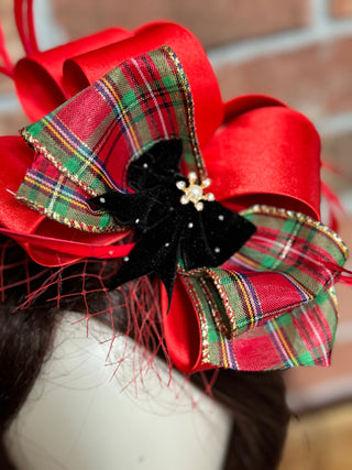 Tartan Plaid Bow Satin Christmas Fascinator-Accessories-Snobby Drops Fabric Backdrops for Photography, Exclusive Designs by Tara Mapes Photography, Enchanted Eye Creations by Tara Mapes, photography backgrounds, photography backdrops, fast shipping, US backdrops, cheap photography backdrops