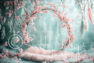 Teal and Pink Cherry Blossom Circle Fabric Backdrop-Fabric Photography Backdrop-Snobby Drops Fabric Backdrops for Photography, Exclusive Designs by Tara Mapes Photography, Enchanted Eye Creations by Tara Mapes, photography backgrounds, photography backdrops, fast shipping, US backdrops, cheap photography backdrops