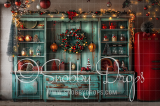 Teal and Red Christmas Cabinets Fabric Backdrop-Fabric Photography Backdrop-Snobby Drops Fabric Backdrops for Photography, Exclusive Designs by Tara Mapes Photography, Enchanted Eye Creations by Tara Mapes, photography backgrounds, photography backdrops, fast shipping, US backdrops, cheap photography backdrops
