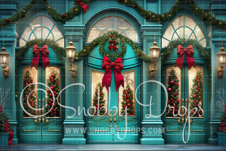 Teal and Red Christmas Shop Fabric Backdrop-Fabric Photography Backdrop-Snobby Drops Fabric Backdrops for Photography, Exclusive Designs by Tara Mapes Photography, Enchanted Eye Creations by Tara Mapes, photography backgrounds, photography backdrops, fast shipping, US backdrops, cheap photography backdrops