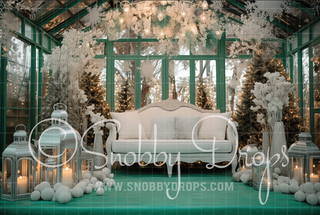 Teal and White Christmas Glass Barn Fabric Backdrop-Fabric Photography Backdrop-Snobby Drops Fabric Backdrops for Photography, Exclusive Designs by Tara Mapes Photography, Enchanted Eye Creations by Tara Mapes, photography backgrounds, photography backdrops, fast shipping, US backdrops, cheap photography backdrops