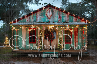 Teal Cajun Christmas Shack Fabric Backdrop-Fabric Photography Backdrop-Snobby Drops Fabric Backdrops for Photography, Exclusive Designs by Tara Mapes Photography, Enchanted Eye Creations by Tara Mapes, photography backgrounds, photography backdrops, fast shipping, US backdrops, cheap photography backdrops