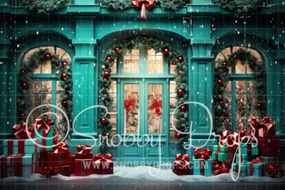 Teal Christmas Shop Fabric Backdrop-Fabric Photography Backdrop-Snobby Drops Fabric Backdrops for Photography, Exclusive Designs by Tara Mapes Photography, Enchanted Eye Creations by Tara Mapes, photography backgrounds, photography backdrops, fast shipping, US backdrops, cheap photography backdrops