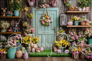 Teal Easter Door Fabric Backdrop-Fabric Photography Backdrop-Snobby Drops Fabric Backdrops for Photography, Exclusive Designs by Tara Mapes Photography, Enchanted Eye Creations by Tara Mapes, photography backgrounds, photography backdrops, fast shipping, US backdrops, cheap photography backdrops