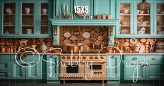 Teal Gingerbread Kitchen Fabric Backdrop-Fabric Photography Backdrop-Snobby Drops Fabric Backdrops for Photography, Exclusive Designs by Tara Mapes Photography, Enchanted Eye Creations by Tara Mapes, photography backgrounds, photography backdrops, fast shipping, US backdrops, cheap photography backdrops