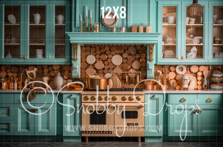 Teal Gingerbread Kitchen Fabric Backdrop-Fabric Photography Backdrop-Snobby Drops Fabric Backdrops for Photography, Exclusive Designs by Tara Mapes Photography, Enchanted Eye Creations by Tara Mapes, photography backgrounds, photography backdrops, fast shipping, US backdrops, cheap photography backdrops