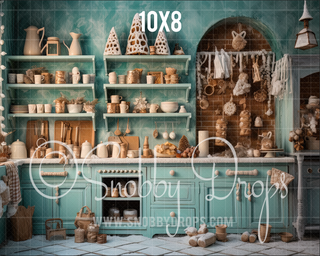 Teal Gingerbread Kitchen Fabric Backdrop-Fabric Photography Backdrop-Snobby Drops Fabric Backdrops for Photography, Exclusive Designs by Tara Mapes Photography, Enchanted Eye Creations by Tara Mapes, photography backgrounds, photography backdrops, fast shipping, US backdrops, cheap photography backdrops