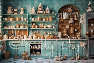 Teal Gingerbread Kitchen Fabric Backdrop-Fabric Photography Backdrop-Snobby Drops Fabric Backdrops for Photography, Exclusive Designs by Tara Mapes Photography, Enchanted Eye Creations by Tara Mapes, photography backgrounds, photography backdrops, fast shipping, US backdrops, cheap photography backdrops