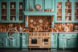 Teal Gingerbread Kitchen Fabric Backdrop-Fabric Photography Backdrop-Snobby Drops Fabric Backdrops for Photography, Exclusive Designs by Tara Mapes Photography, Enchanted Eye Creations by Tara Mapes, photography backgrounds, photography backdrops, fast shipping, US backdrops, cheap photography backdrops