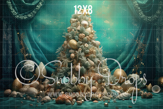 Teal Mermaid Christmas Tree Fabric Backdrop-Fabric Photography Backdrop-Snobby Drops Fabric Backdrops for Photography, Exclusive Designs by Tara Mapes Photography, Enchanted Eye Creations by Tara Mapes, photography backgrounds, photography backdrops, fast shipping, US backdrops, cheap photography backdrops