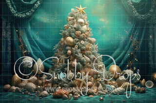 Teal Mermaid Christmas Tree Fabric Backdrop-Fabric Photography Backdrop-Snobby Drops Fabric Backdrops for Photography, Exclusive Designs by Tara Mapes Photography, Enchanted Eye Creations by Tara Mapes, photography backgrounds, photography backdrops, fast shipping, US backdrops, cheap photography backdrops