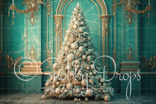 Teal Mermaid Christmas Tree Fabric Backdrop-Fabric Photography Backdrop-Snobby Drops Fabric Backdrops for Photography, Exclusive Designs by Tara Mapes Photography, Enchanted Eye Creations by Tara Mapes, photography backgrounds, photography backdrops, fast shipping, US backdrops, cheap photography backdrops