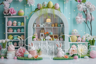 Teal Pastel Easter Shop Fabric Backdrop-Fabric Photography Backdrop-Snobby Drops Fabric Backdrops for Photography, Exclusive Designs by Tara Mapes Photography, Enchanted Eye Creations by Tara Mapes, photography backgrounds, photography backdrops, fast shipping, US backdrops, cheap photography backdrops